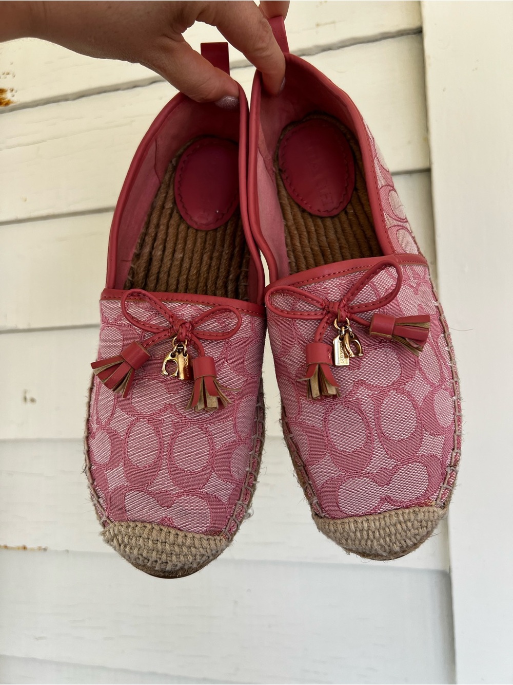 Coach Pink Logo Canvas Espadrille Flats with Tassel Charms